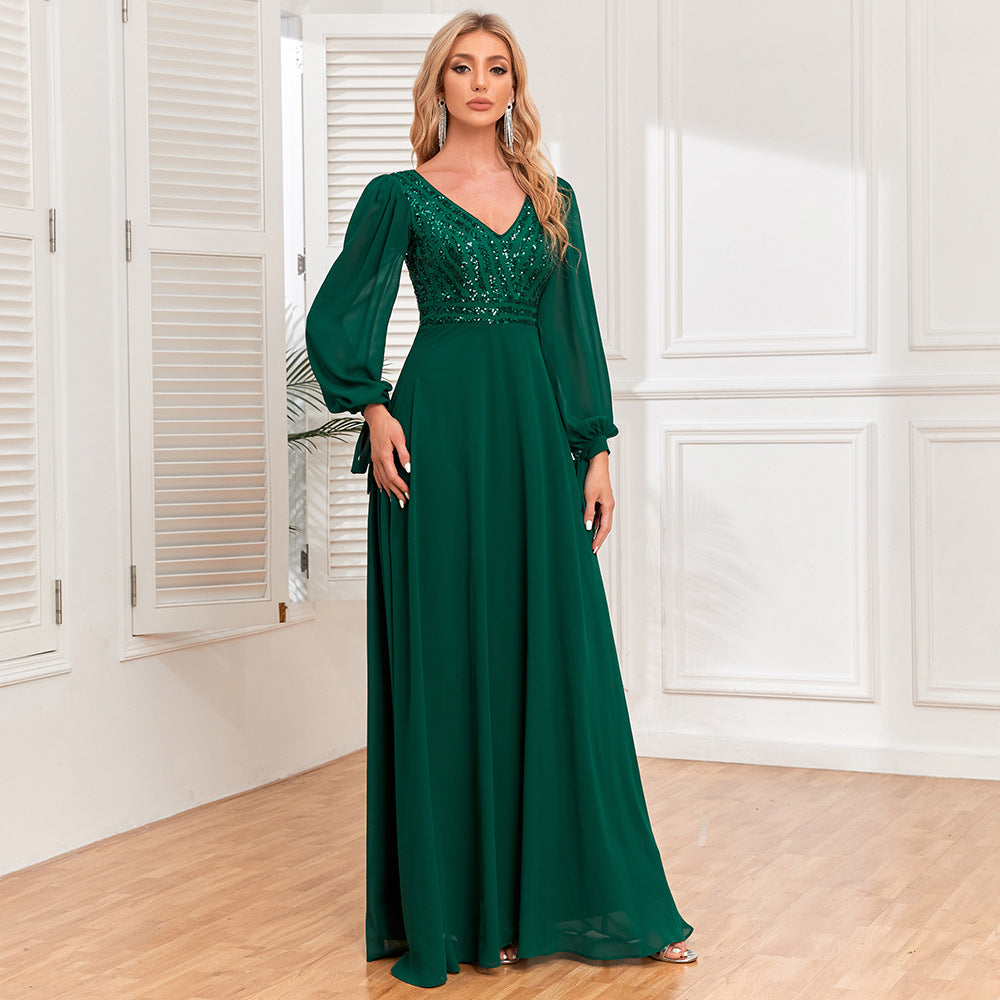 Long Sleeve Lace Up High Quality Double V Neck Sequin Chiffon Patchwork A Line Big Swing Full Lining Party Evening Dress