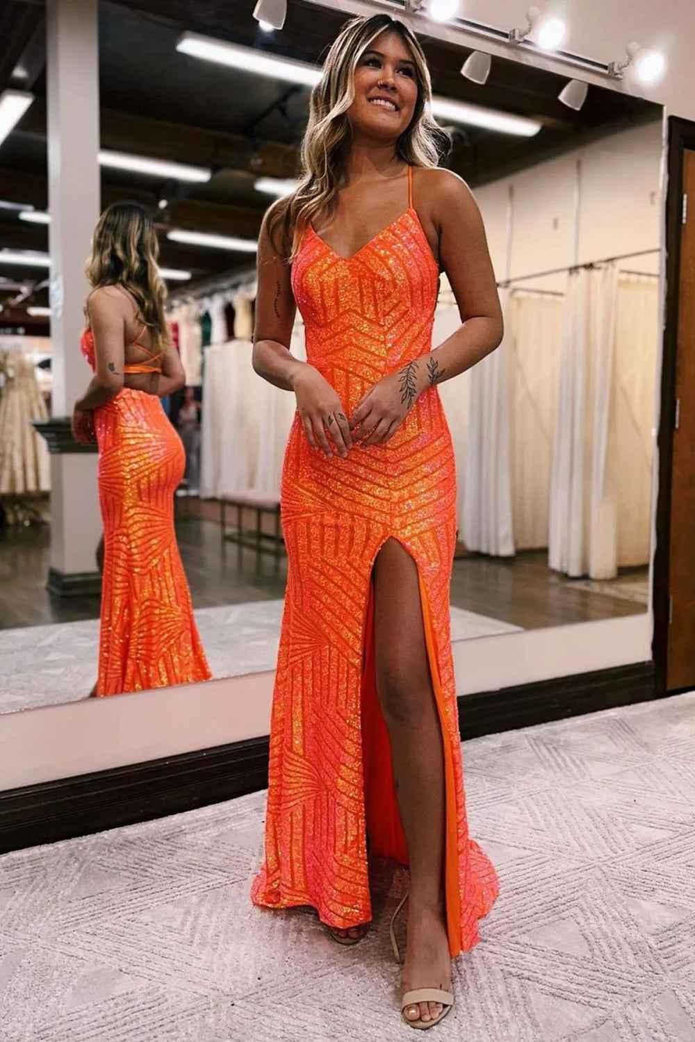 Orange Sequins Sheath Prom Dress With Spaghetti Straps And Criss Cross Back