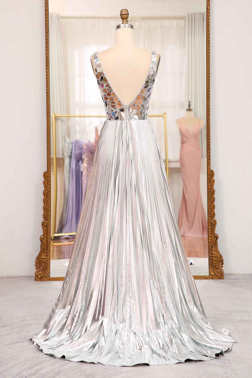 Sparkly A Line Deep V Neck Silver Polyester Prom Dress With Beading