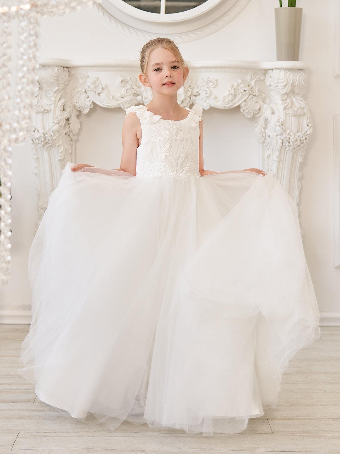 Elegant White Tulle Flower Girl Applique Lace Dress With Sweep Train