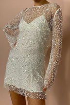 Minikleid aus glitzerndem und glänzendem Pailletten- und Perlenstoff mit separatem Unterkleid 