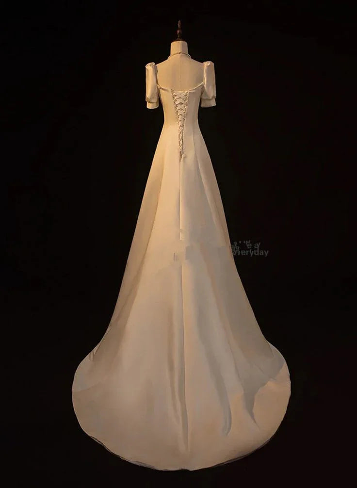 Vestido de Festa de Casamento Branco Elegante em Cetim, Corte em A, Vestido Longo de Baile, Vestido de Noite Y7546