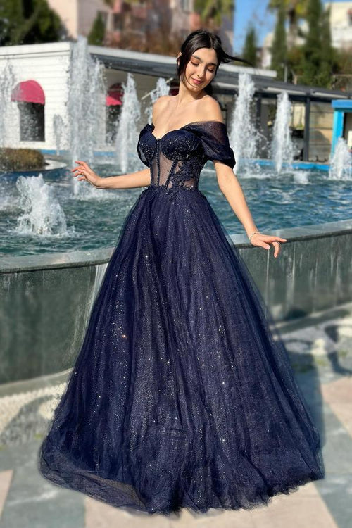 A Line Floor Length Sweetheart Off Shoulder Sequined Tulle Wedding Dress