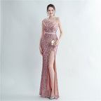 Heavy Industry Ostrich Hair Craft Beading Evening Dress with Side Slit
