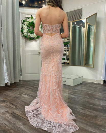 Vestido de fiesta largo de sirena con encaje y lentejuelas