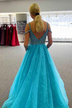 Sparkly Blue A Line Cold Shoulder Long Prom Dress