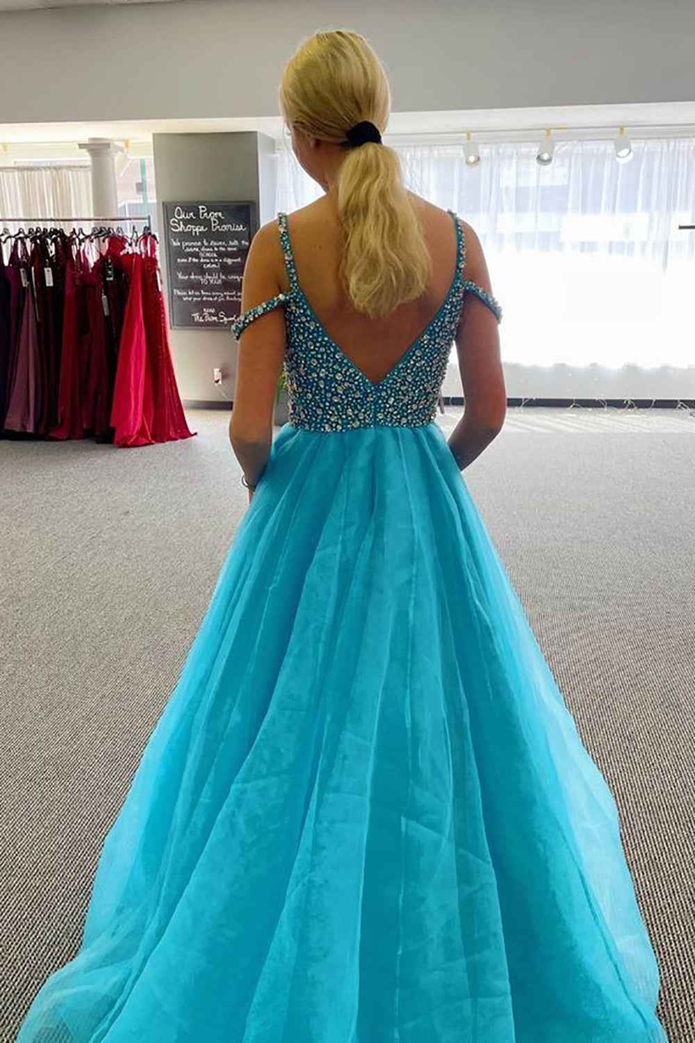 Sparkly Blue A Line Cold Shoulder Long Prom Dress