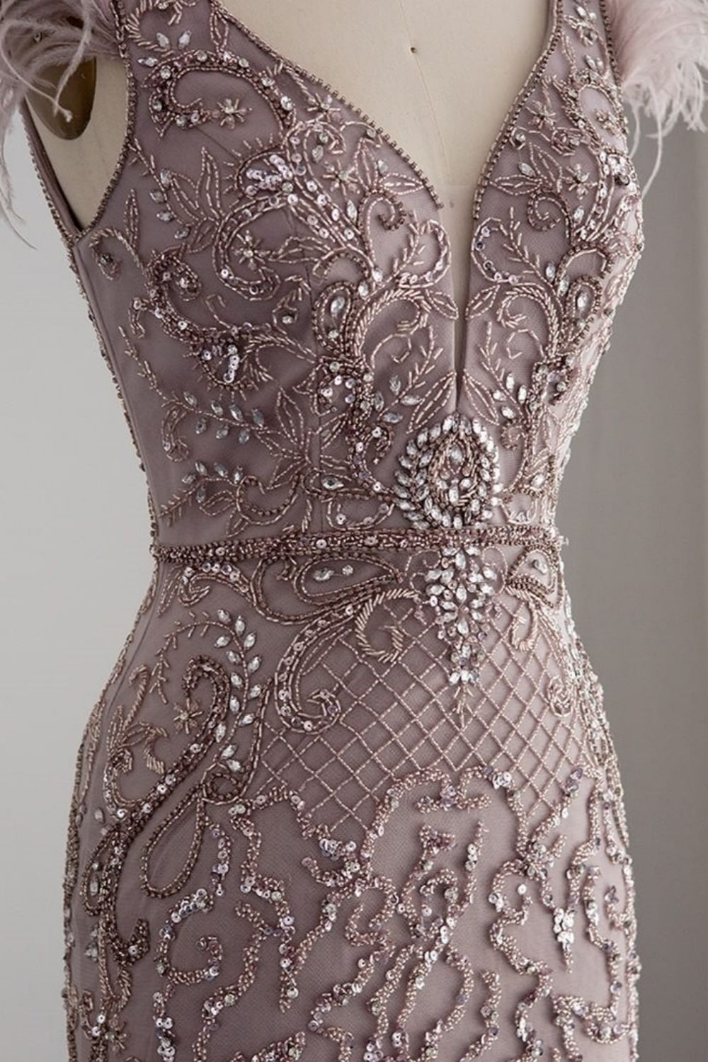Bmbridal Taupe A Line V Neck Tulle Cap Sleeves Prom Dress With Appliques