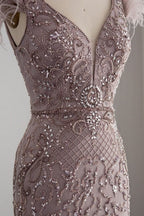 Bmbridal Taupe A Line V Neck Tulle Cap Sleeves Prom Dress With Appliques