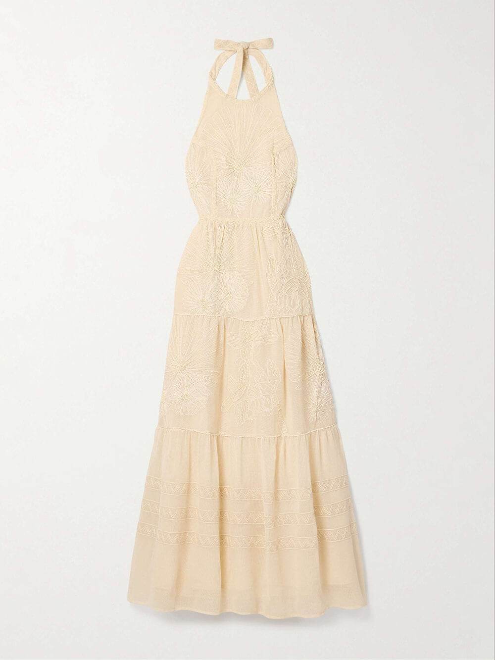 Elegantes Neckholder-Maxikleid aus verzierter Spitze und Netz 