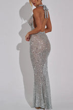 Vestido largo con cuello halter, lentejuelas transparentes y brillo toda la noche 