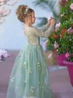Floral Tulle Lace A Line Flower Girl Dress With Scoop Neck For Little Girls