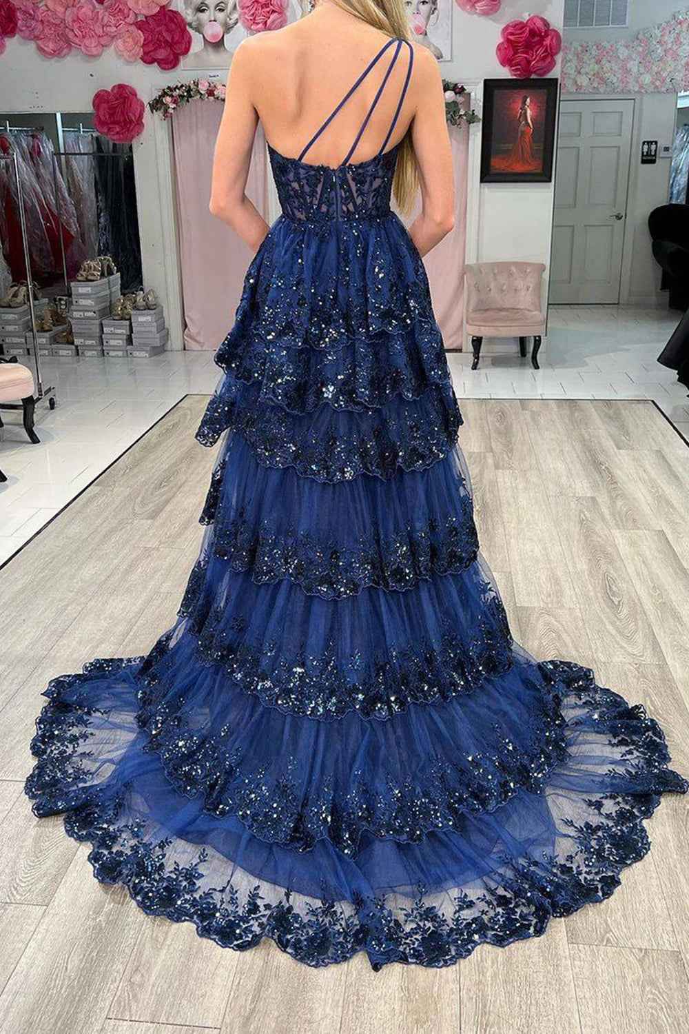 Navy Blue One Shoulder A Line Prom Dress Sparkly Polyester Lace Corset Evening Party Gown
