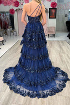 Navy Blue One Shoulder A Line Prom Dress Sparkly Polyester Lace Corset Evening Party Gown