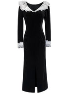 TARUXY Splice Lace Vintage Dresses Women's Black Temperament Slim Dress Lady Side Slit Party Elegant Retro Evening Dress Women