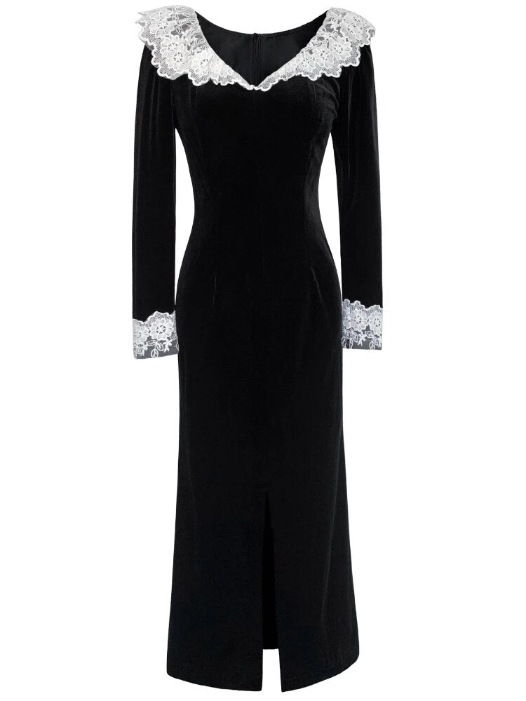 TARUXY Splice Lace Vintage Dresses Women's Black Temperament Slim Dress Lady Side Slit Party Elegant Retro Evening Dress Women