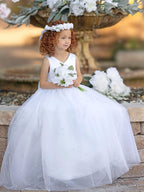Floor Length V Neck Satin Tulle Princess Flower Girl Dress