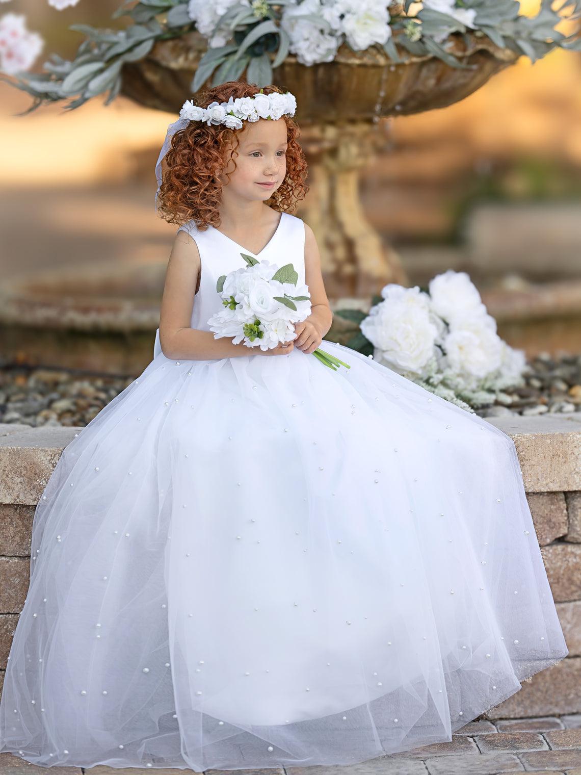 Floor Length V Neck Satin Tulle Princess Flower Girl Dress