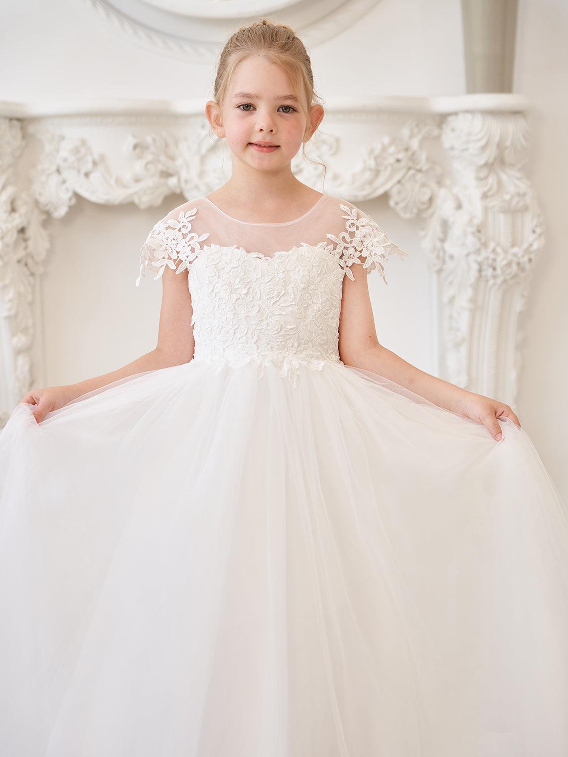 Ivory Lace Tulle First Communion Flower Girl Dress With Detachable Train
