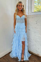 Light Blue A Line Sweetheart Chiffon Prom Dress With Tiered Ruffles Appliques