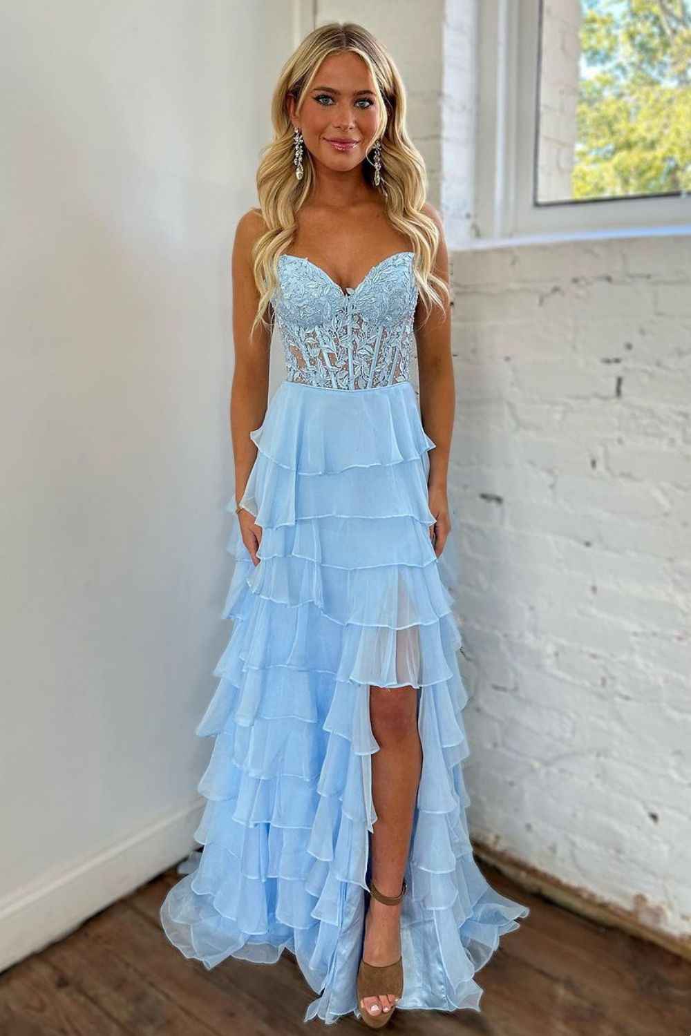 Light Blue A Line Sweetheart Chiffon Prom Dress With Tiered Ruffles Appliques