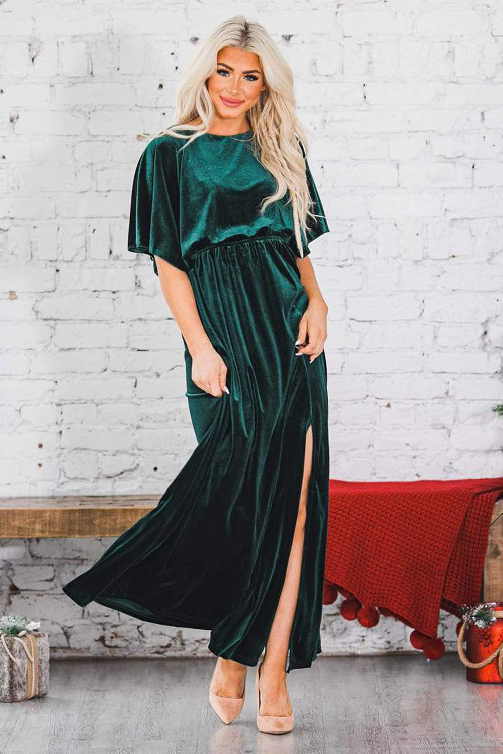 Damenbekleidung Frühling Sommer Sexy Elegantes Kleid Gold Samt Rundhalsausschnitt Hochgeschlitztes Abendkleid für Damen 