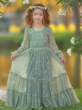 Sage Green Lace Flower Girl Dress With Long Sleeves And Ankle Length