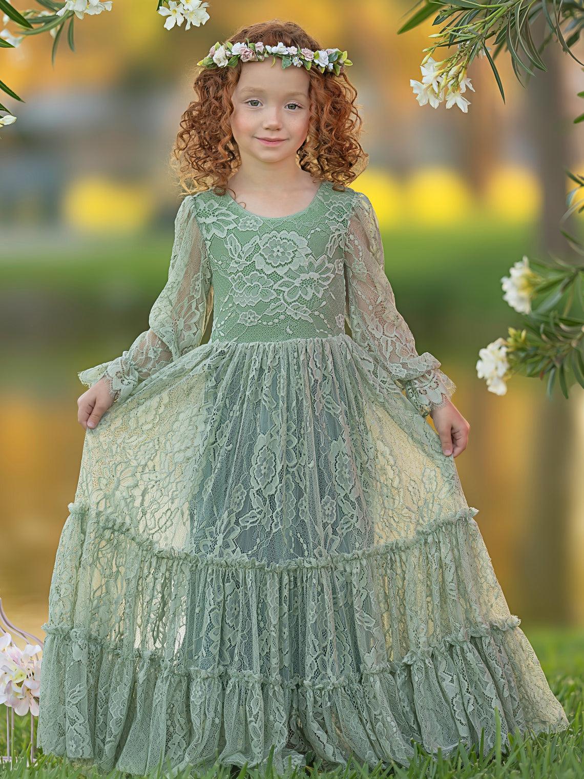 Sage Green Lace Flower Girl Dress With Long Sleeves And Ankle Length