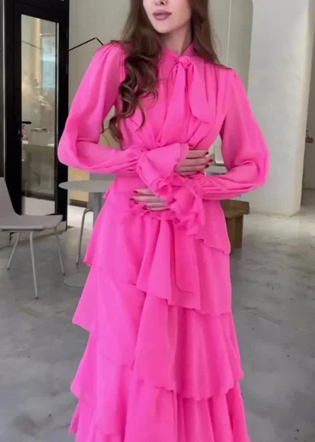 Abito lungo da sera elegante a strati in chiffon con balze per festa e ballo Y7617