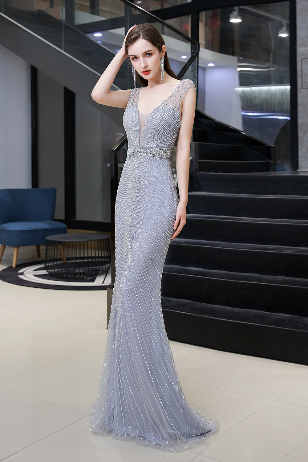 BMbridal Luxurious Beaded Mermaid Prom Dress Sleeveless V Neck Tulle Gown