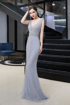 BMbridal Luxurious Beaded Mermaid Prom Dress Sleeveless V Neck Tulle Gown