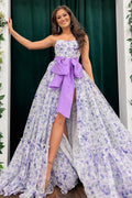 Eleganti abiti lunghi da sera senza spalline in chiffon stampato floreale con spacco
