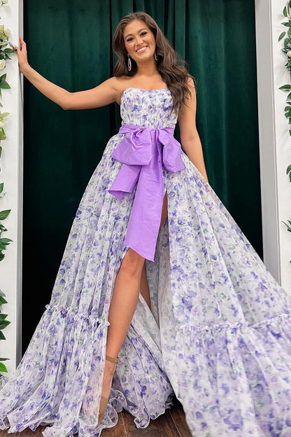 Elegantes vestidos de fiesta largos sin tirantes de gasa con estampado floral y abertura