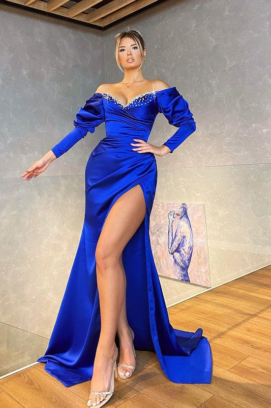 Regal Sapphire V-Neck Mermaid Prom Dress with Elegant Long Sleeves and Beads
