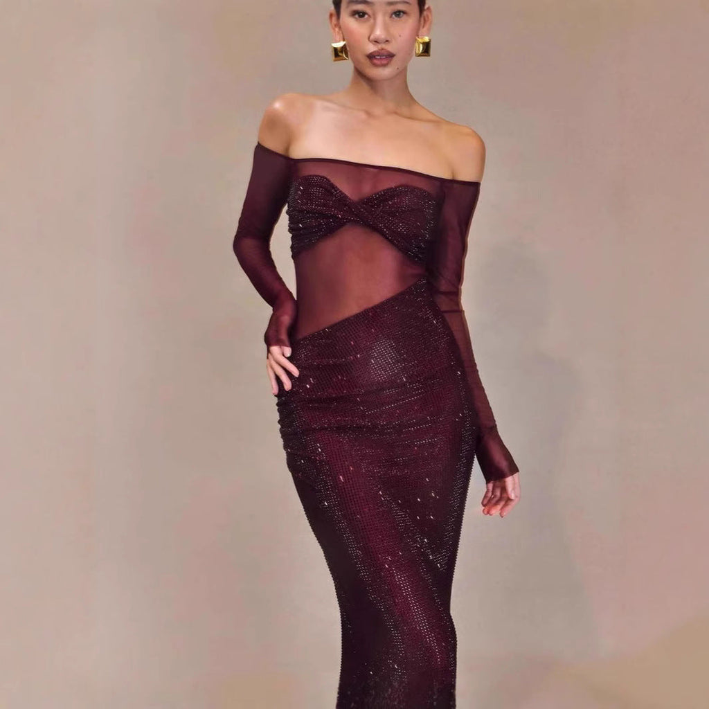 Vestido de fiesta elegante, ajustado y con un solo hombro y diamantes de imitación 