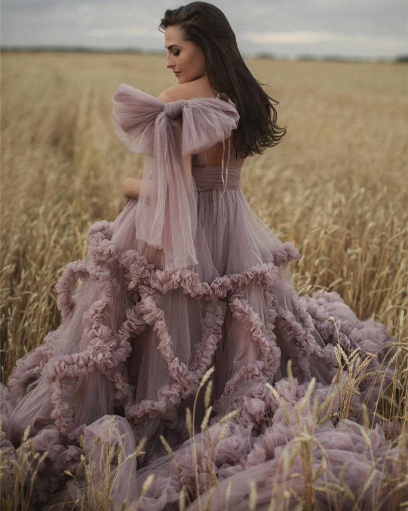 Dusty Pink Maternity Dress Robes for Photo Shoot or baby shower Ruffle Tulle Chic Women Dresses Nightgown Photography Robe