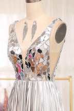 Sparkly A Line Deep V Neck Silver Polyester Prom Dress With Beading