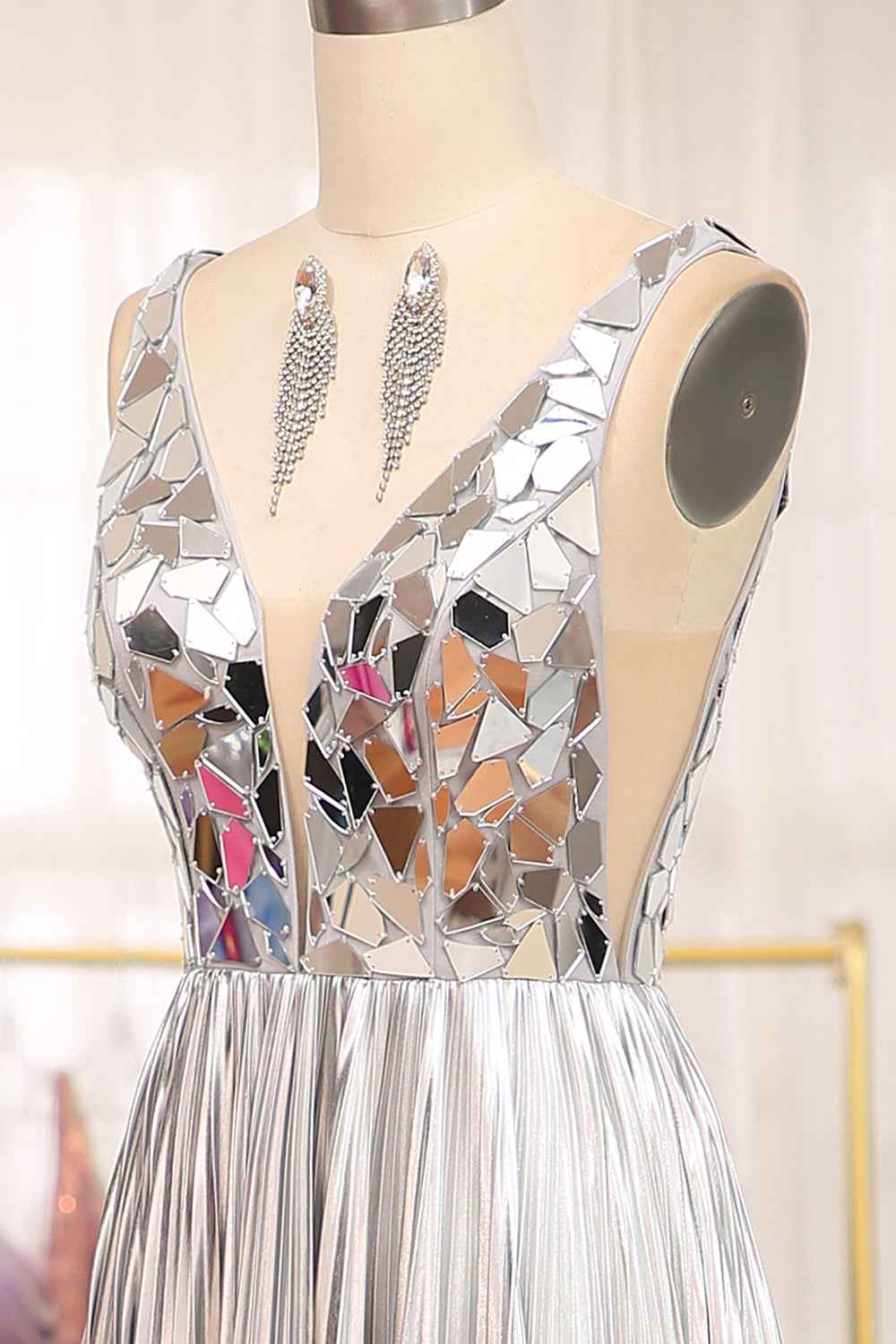 Sparkly A Line Deep V Neck Silver Polyester Prom Dress With Beading