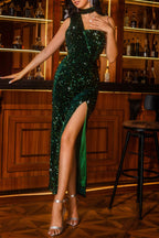 Sexy formelle Patchwork-Pailletten-Schlitz-Neckholder-Abendkleid 