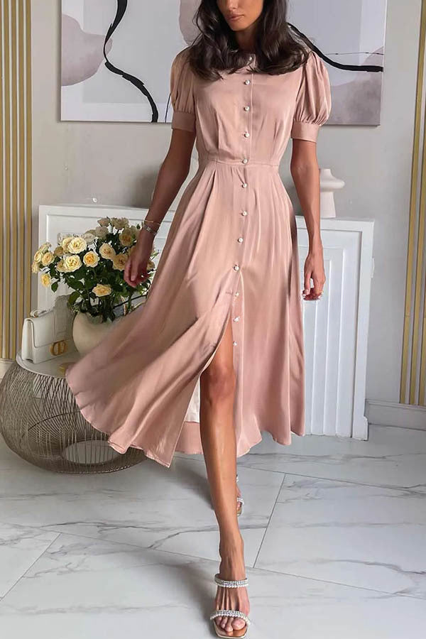 Robe mi-longue chic et élégante à manches bouffantes avec boutons de nacre et fente