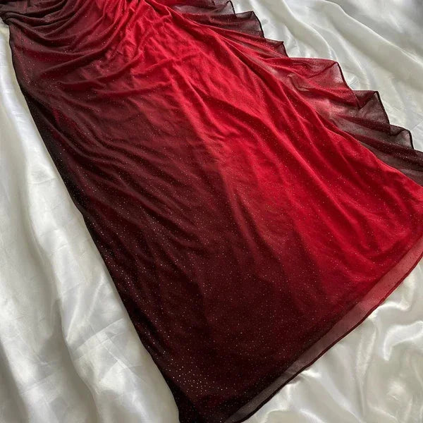 Vestido longo de festa e cerimónia vermelho em chiffon com decote em V e alças halter degradé Y7485