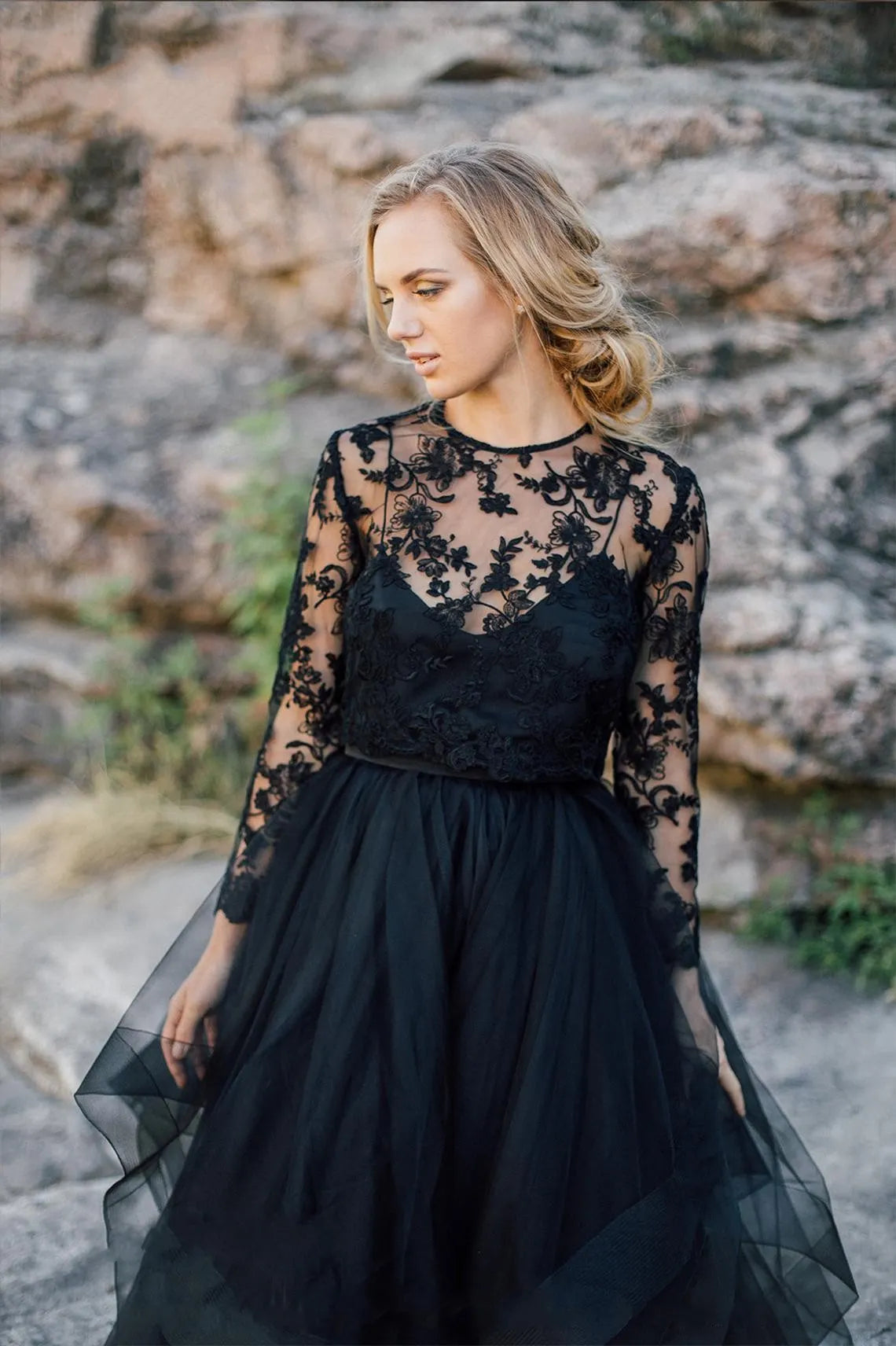 Unique Black Bateau Long Sleeves Ruffles A Line Wedding Dress Appliques Lace