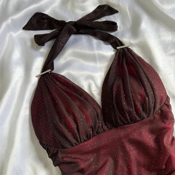 Vestido longo de festa e cerimónia vermelho em chiffon com decote em V e alças halter degradé Y7485