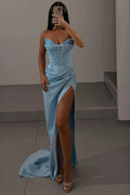 Eadlin | Robe longue de bal en satin bleu ciel sans bretelles ornée de perles avec fente