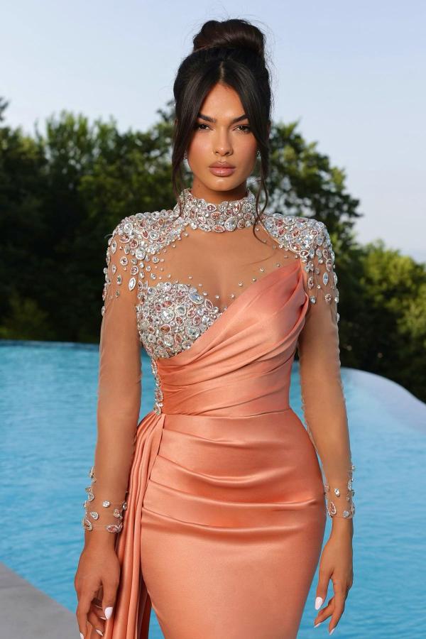 Bmbridal Coral High Neck Mermaid Prom Dress With Crystal Long Sleeves