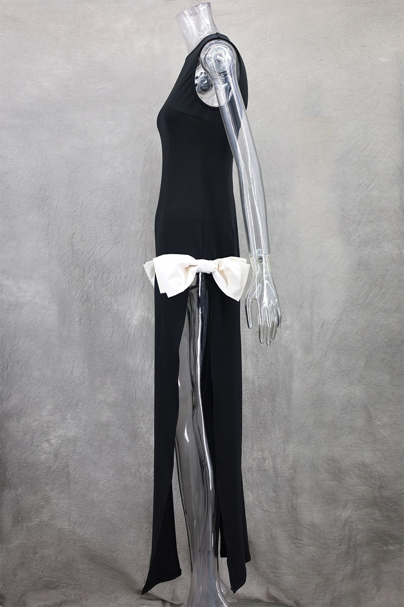 Robes de soirée unies et sexy avec fente et décor de nœud à encolure ronde