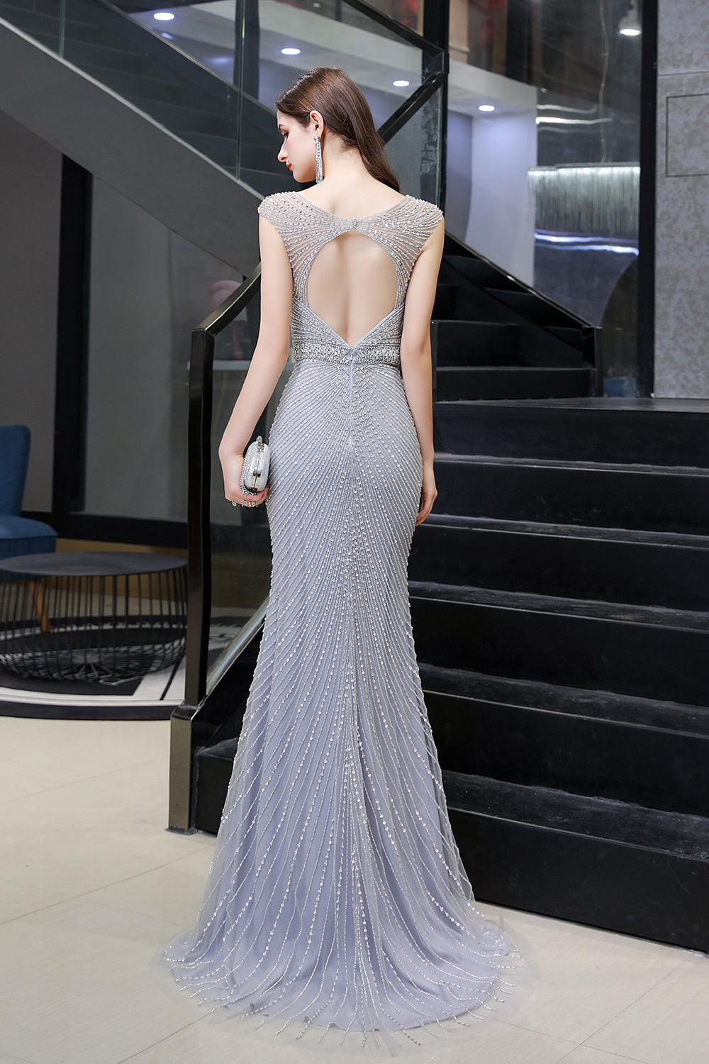BMbridal Luxurious Beaded Mermaid Prom Dress Sleeveless V Neck Tulle Gown