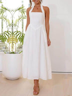 Halter Neck Waist Little Black Dress Mid Length Dress