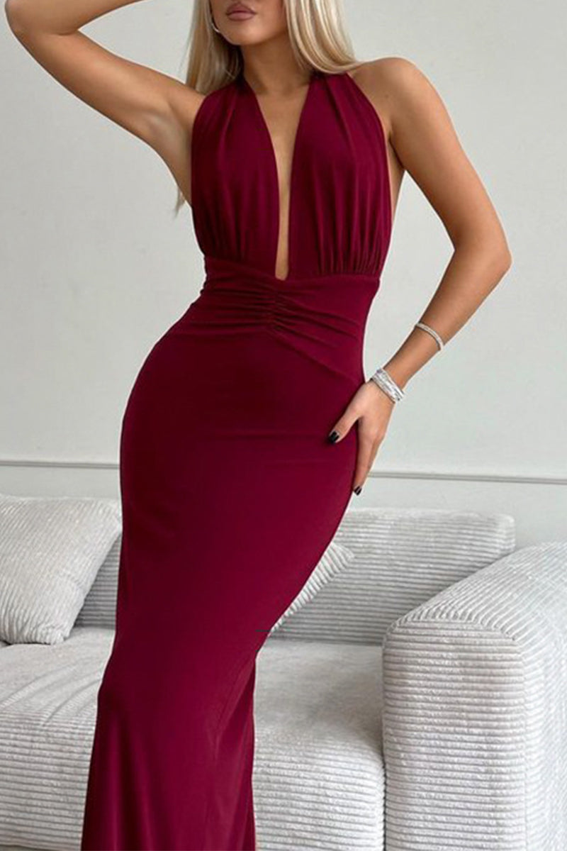 Sexy einfarbiges rückenfreies, gerüschtes Neckholder-Abendkleid 
