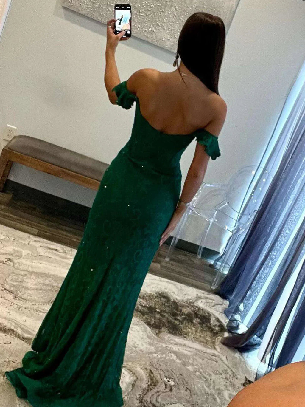 Ébène | Robe longue de bal à épaules dénudées en dentelle émeraude sirène